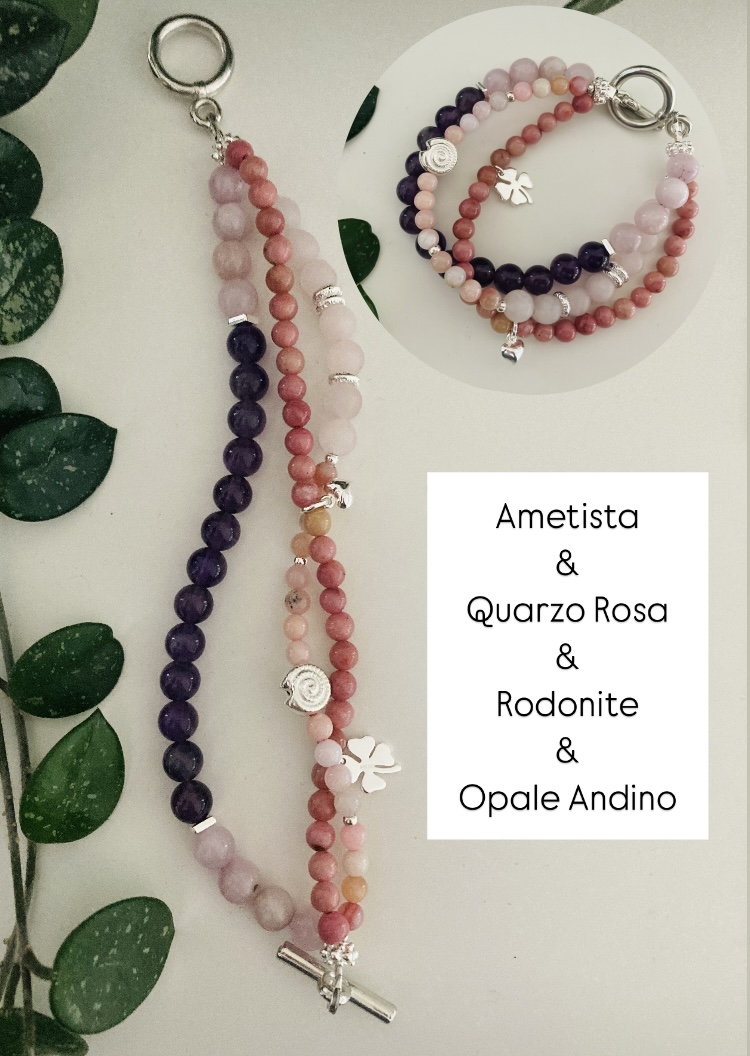 Ametista: Pietra della spiritualità e della meditazione, aiuta a connettersi con il sé superiore. Quarzo rosa: Aiuta a guarire ferite emotive, sviluppa empatia, fiducia e perdono. Rodonite: Rafforza l’autostima, stimola il perdono e aiuta a gestire la rabbia. opale andino:  Favorisce la connessione con il proprio sé interiore e stimola la creatività.