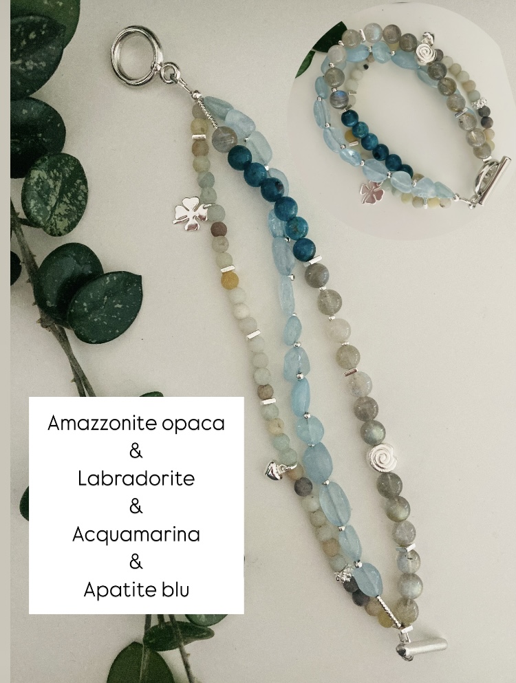 Amazzonite: aiuta a bilanciare energie opposte e favorisce la connessione con la verità interiore. Labradorite: Pietra della trasformazione e della protezione, aiuta a sviluppare intuizione e capacità psichiche. AcquaMarina: Simbolo di purezza e calma interiore, aiuta a sviluppare consapevolezza e saggezza. Apatite blu: 